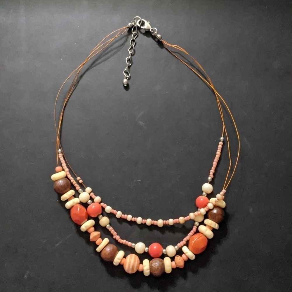Orange Cream and Brown Beaded Multi Strand Layered Statement Necklace